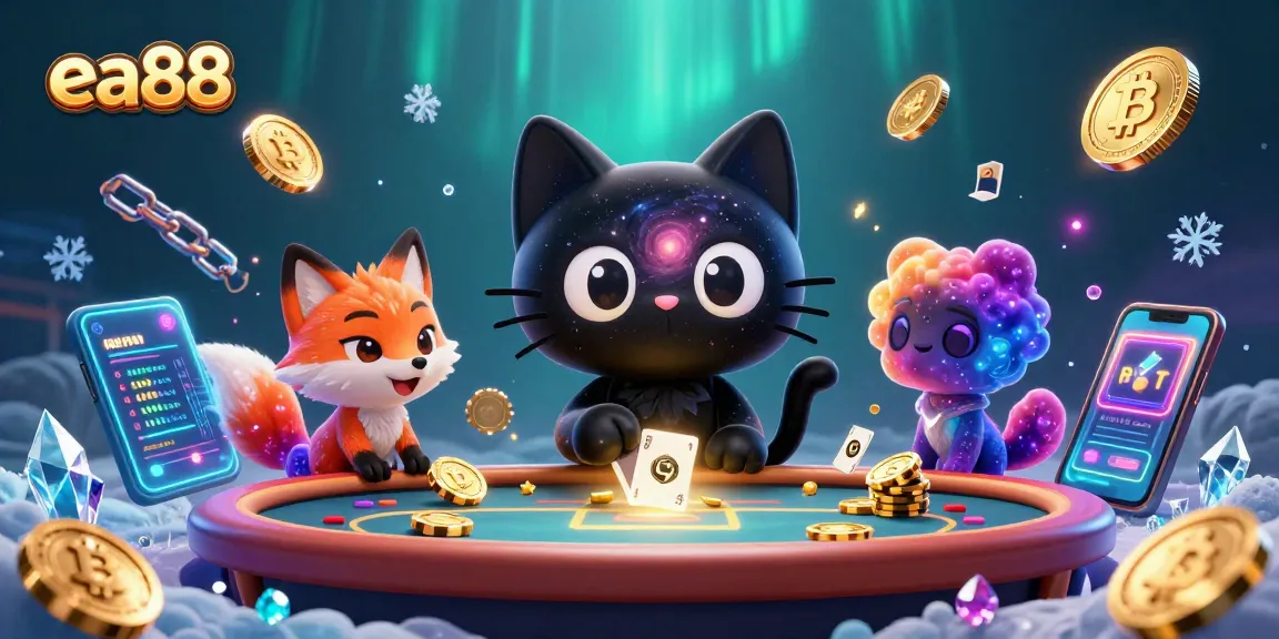 Energize your gaming with ea88, featuring a cosmic cat and nebula fox at a vivid casino table.
