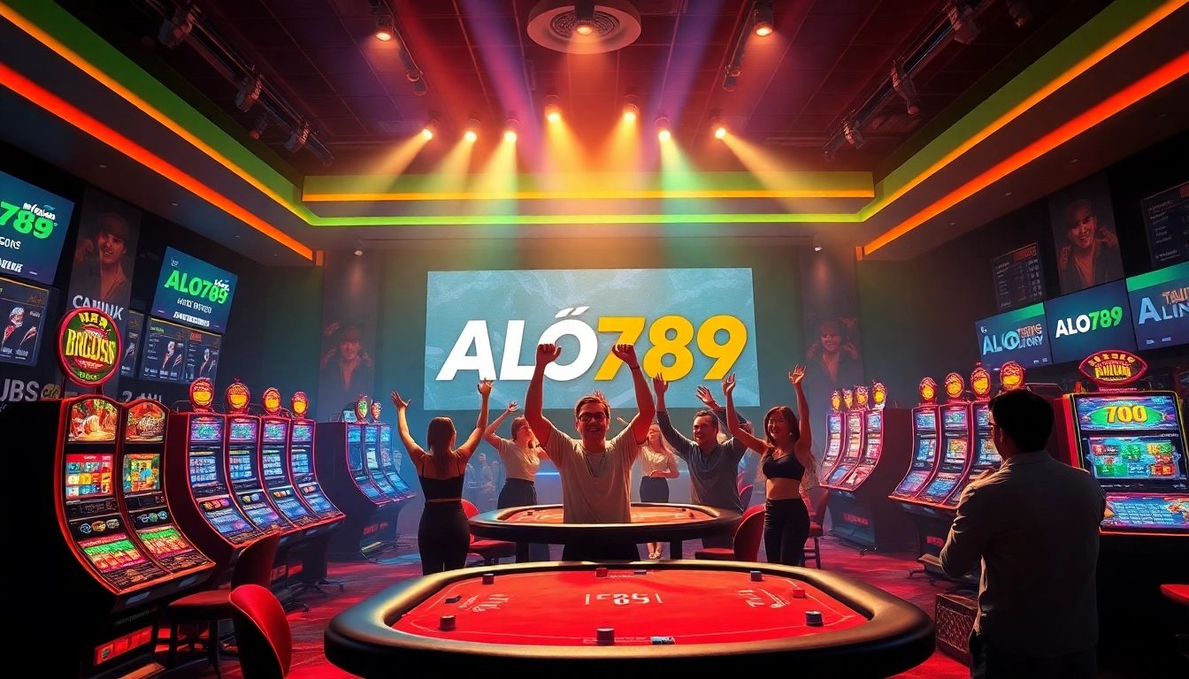 ALo789 online betting experience with vibrant casino atmosphere and players celebrating wins.