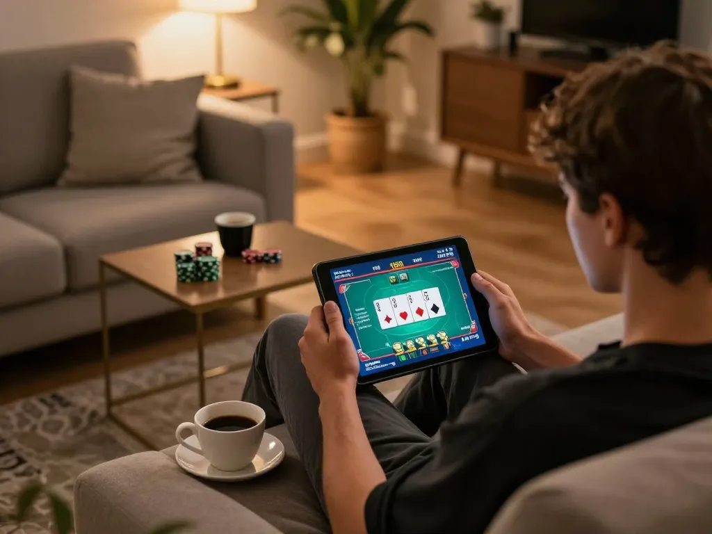 Engaging online poker gameplay at home on a tablet showcasing the tt88 casino.