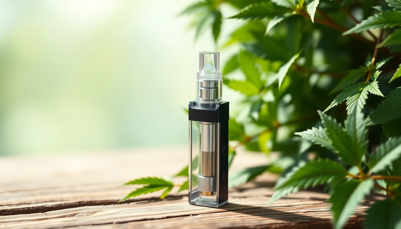 Buy DMT online from a beautifully presented vape cartridge set on wooden surface among greenery.