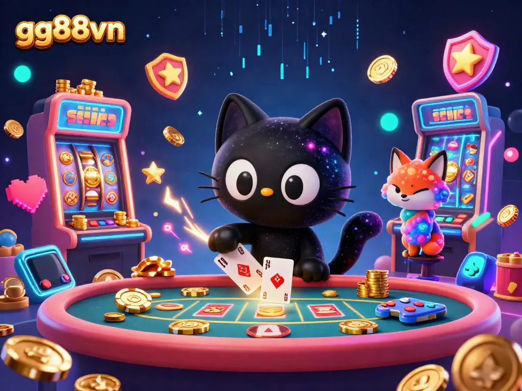 Experience the thrill of the cosmic casino at gg88vn with a black hole cat and colorful slots.