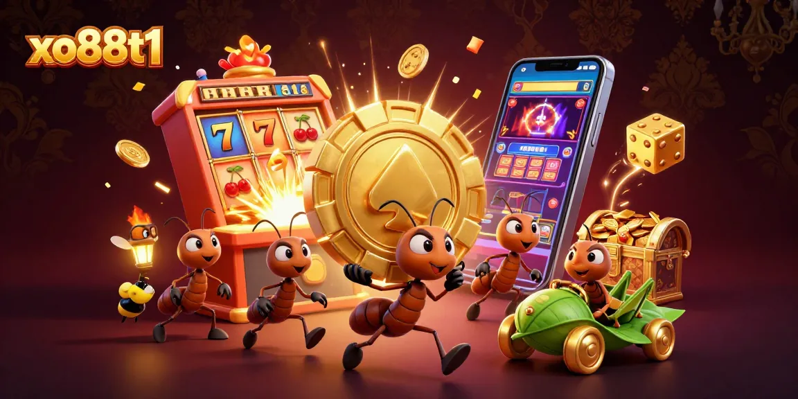 Experience the excitement of gambling at xo88t1 with animated ants on a heist, intertwining casino elements.