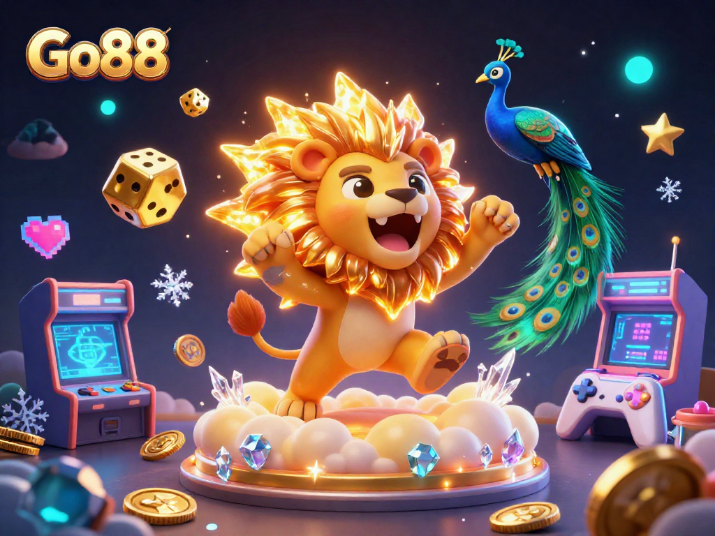 Experience the thrill of Go88 with a vibrant 3D illustration featuring dynamic casino elements and characters.