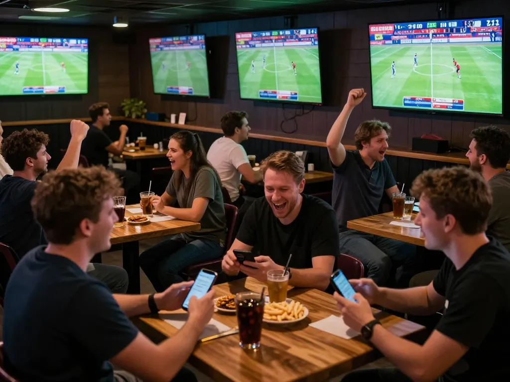 Fans engage in thrilling Bundesliga sports betting at a lively bar while using their mobile devices with link go8.