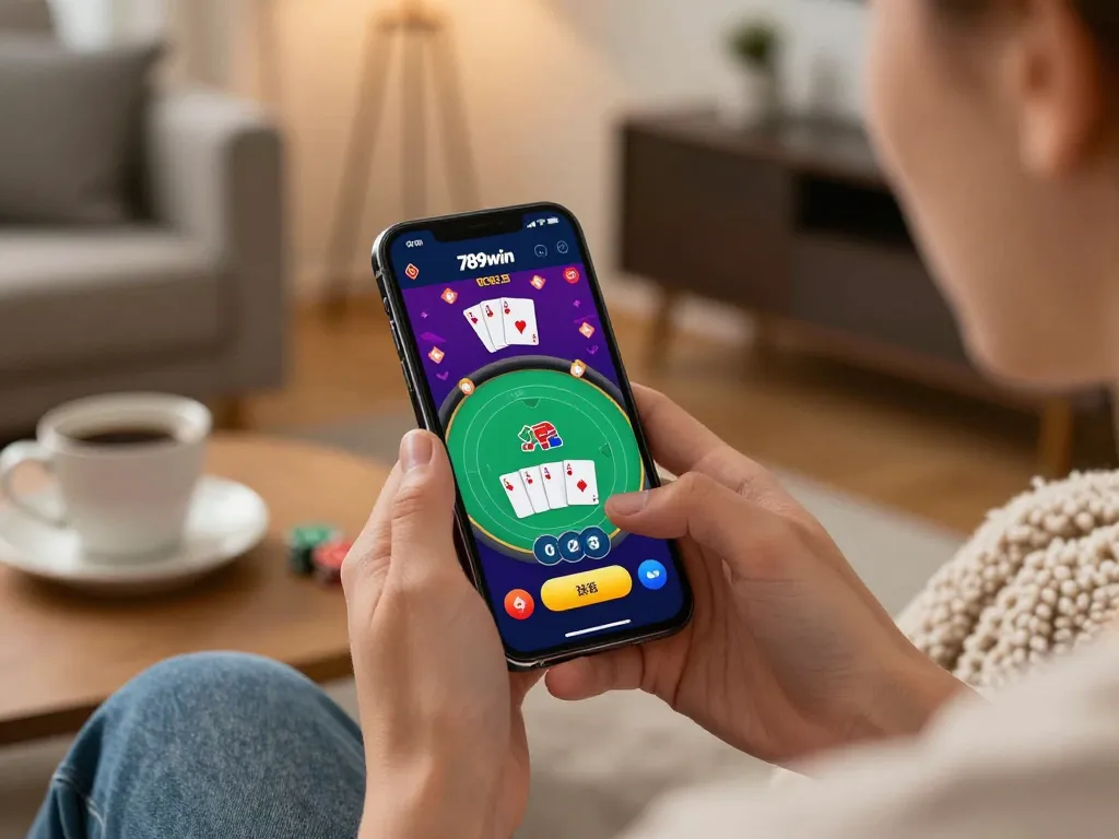 Engaging with the 789win app while playing online poker in a cozy home setting.