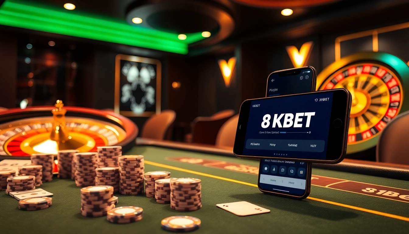 Experience luxury and excitement with tải app 8kbet, showcasing a stunning casino scene with poker chips and roulette wheel.