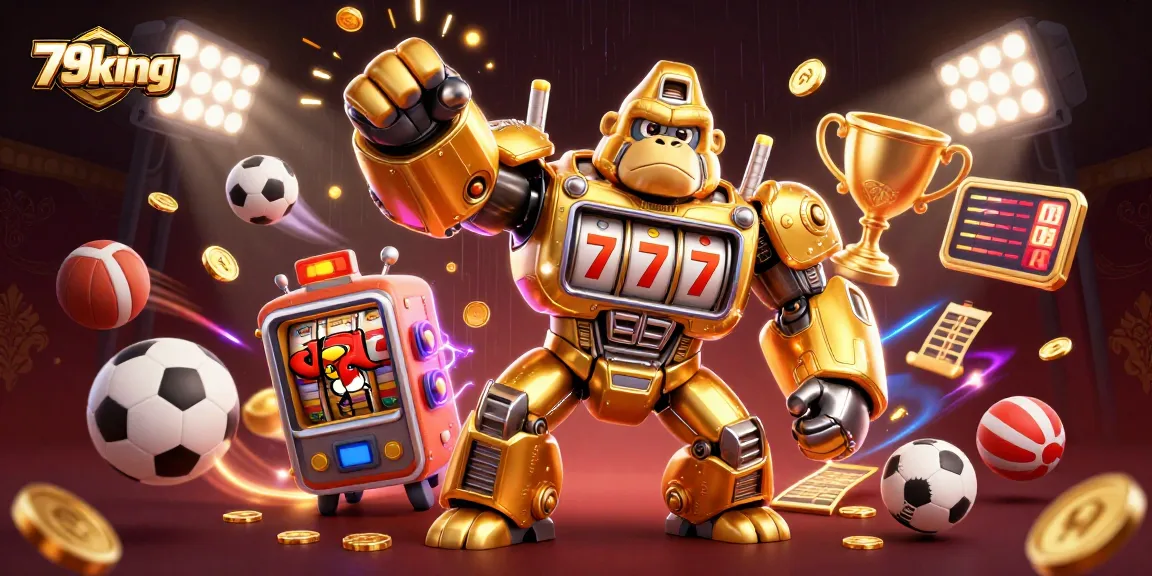 Engage in winning strategies at 79king with a dynamic illustration of a mech, sports elements, and golden prizes.