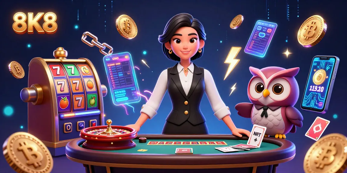 Experience the thrill of 8K8 casino games with an engaging dealer scene featuring baccarat and slot elements.