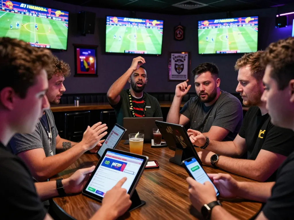Engaged bettors experiencing live sports betting with NET88 app at a lively sports bar.
