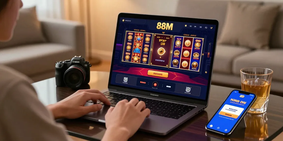 Player exploring the 88m online casino platform on a laptop in a cozy home environment, surrounded by engaging gaming visuals and promotional alerts.