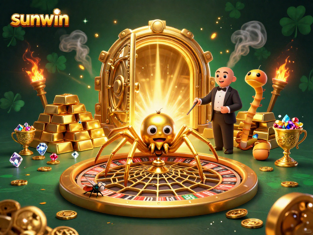 Experience thrilling gameplay with sunwin as a golden spider spins its roulette web in this captivating illustration.