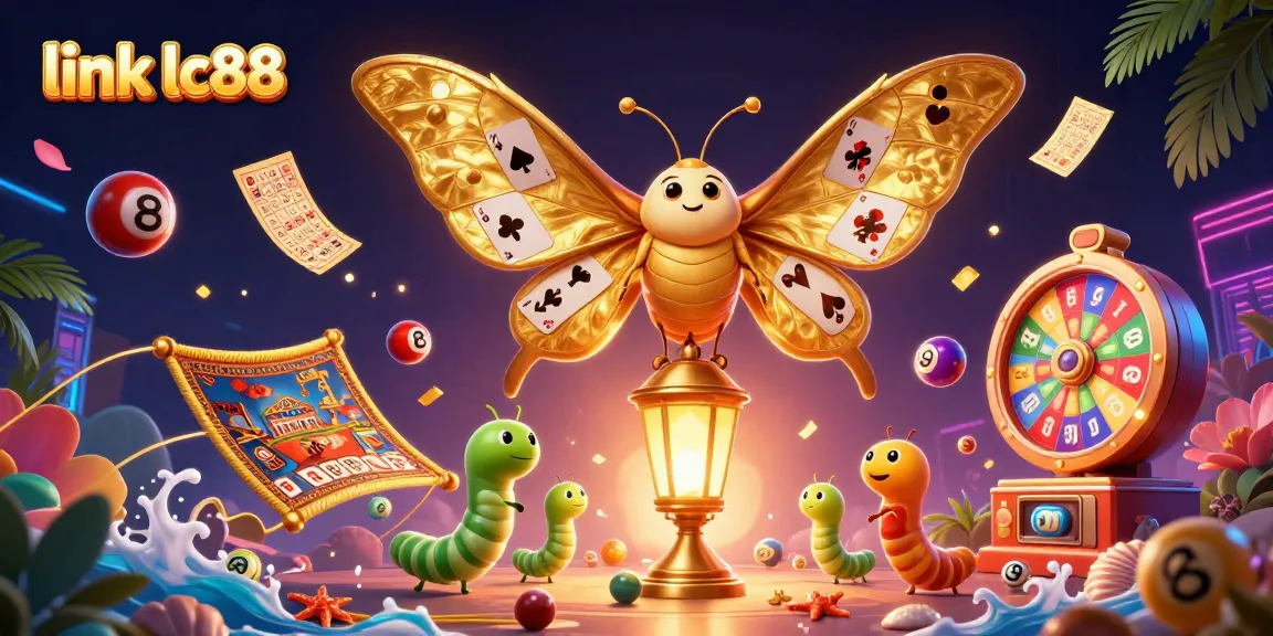 Win big with link lc88 colorful lottery balls and a majestic moth illuminating the casino scene.