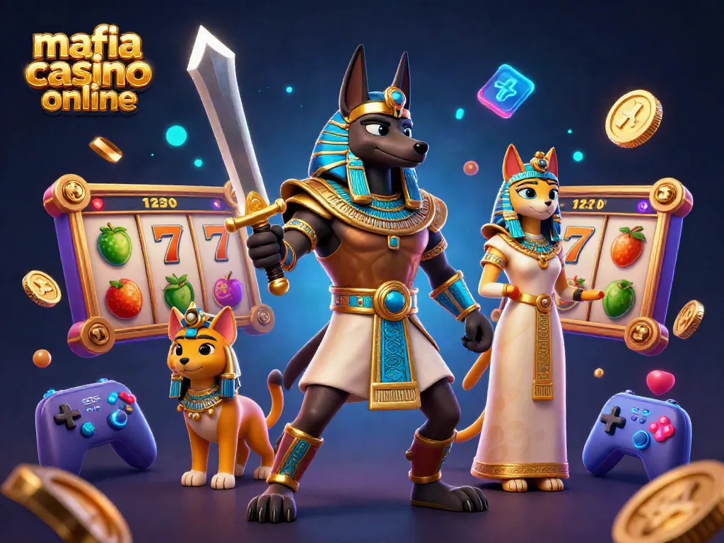 Mafia casino online slot adventure with Anubis and Bastet amidst vibrant gaming elements.