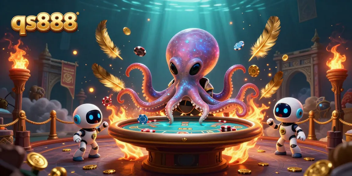 Play exciting games at qs888 with a vibrant alien octopus and casino elements swirling around.