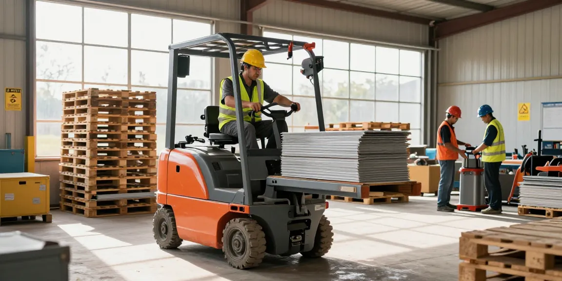 Operator using an electric scissor lift in a bustling warehouse to elevate materials, showcasing precision and efficiency.
