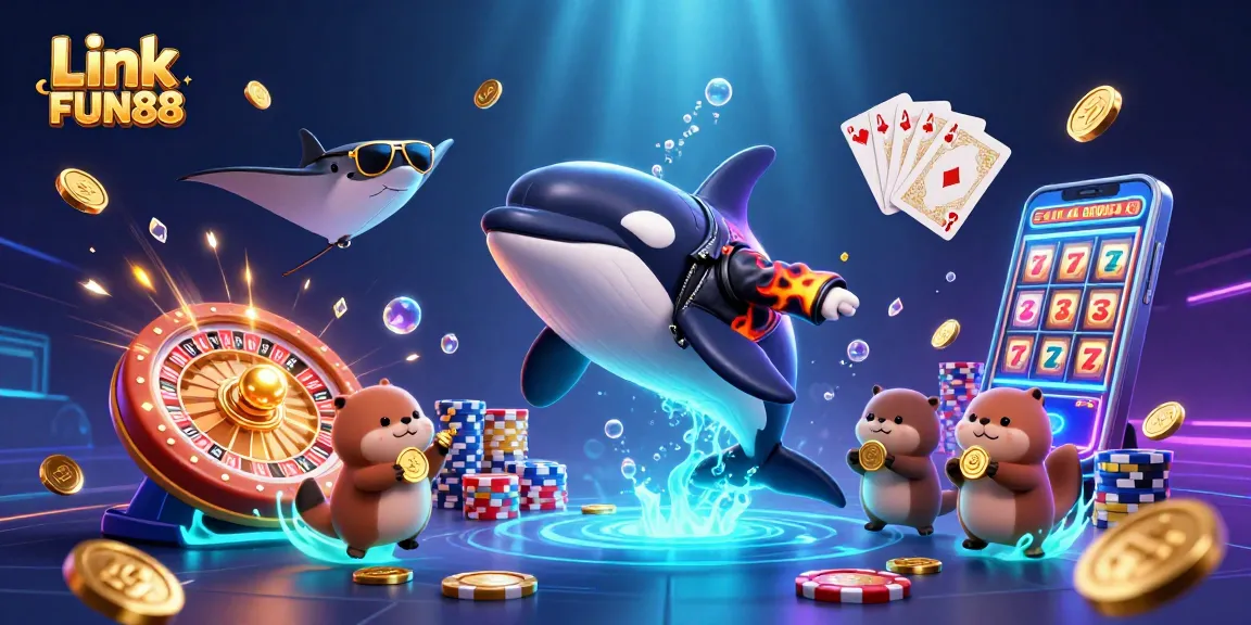 Join the action with Link FUN88 in a vibrant casino-themed underwater scene featuring animated characters and games!