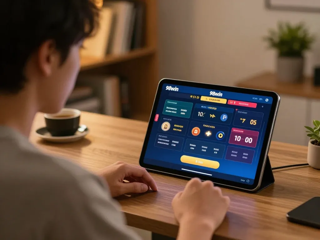 Engaging gameplay at 98win trang chu, showcasing online betting and a comfortable gaming setup