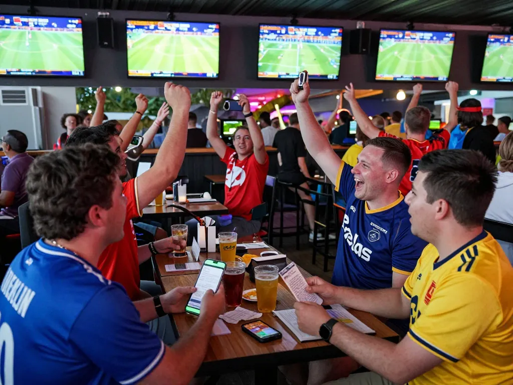 Engaged bettors watching live sports at 555win, celebrating winning bets in vibrant atmosphere