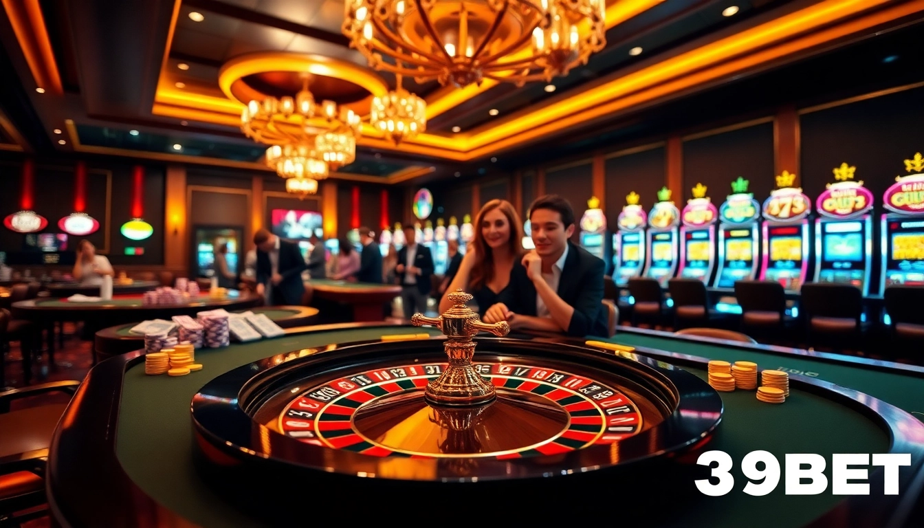 39BET casino excitement with players engaging at roulette and poker tables.