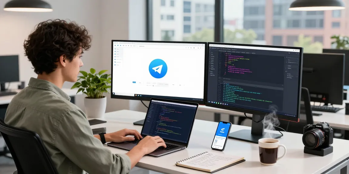 Developer showcasing Telegram Download on dual monitors in a modern office workspace.