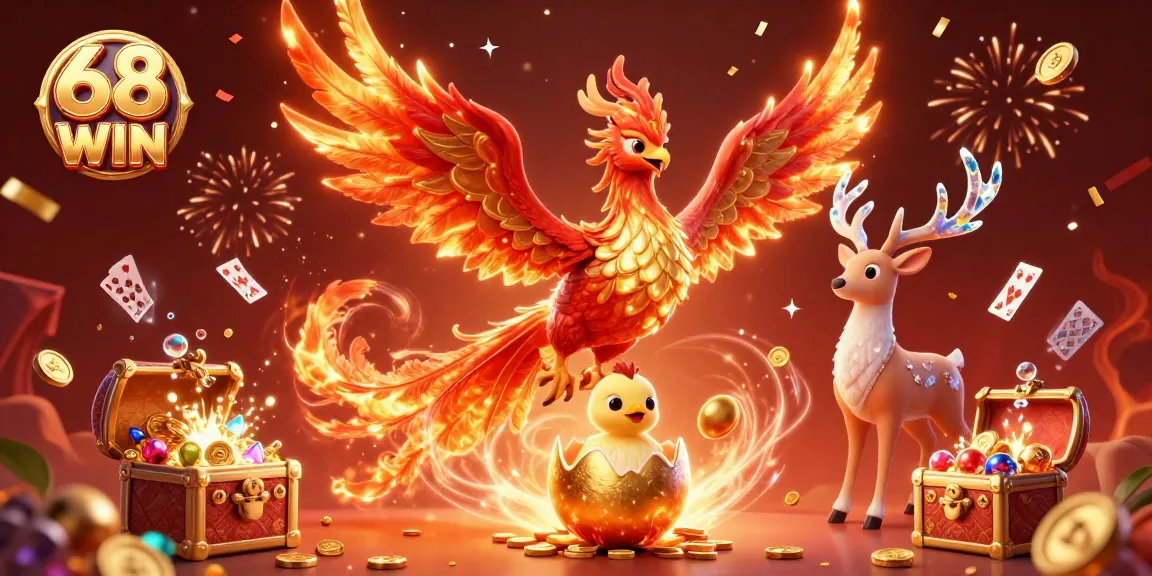 Experience thrills with 68 WIN in a vibrant casino illustration featuring phoenixes and treasures.