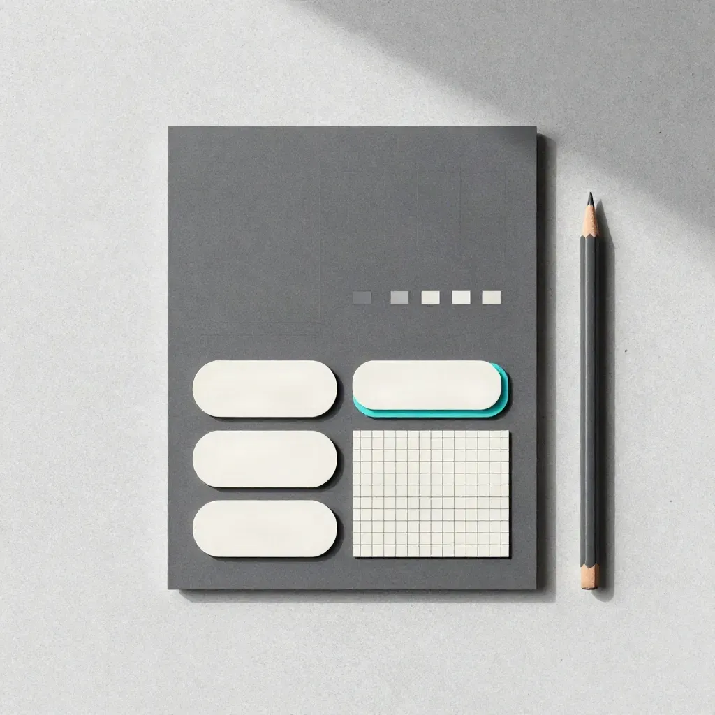 Flatlay dall'alto di kit microcopy con card, chip, griglia e matita su pietra chiara
