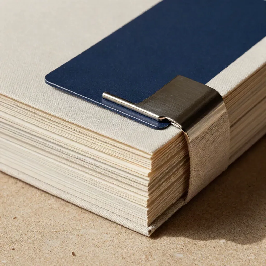 Macro di un bundle editoriale in lino e carta con clip metallica su plinto sabbia.