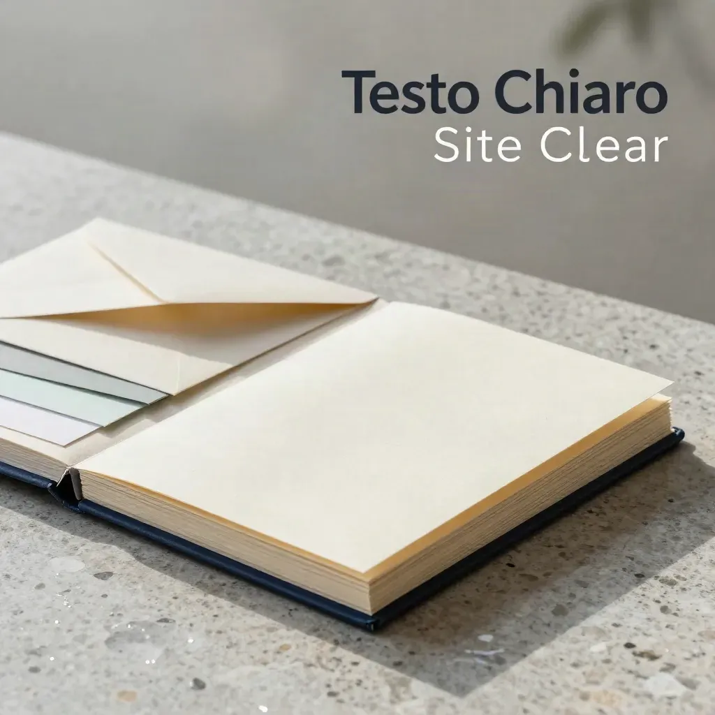 Kit editoriale premium su pietra chiara, con portfolio crema, fogli prova e busta opaca.