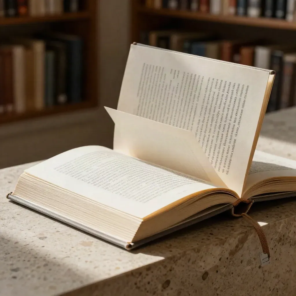 Libro guida con divisori colorati, segnalibro tessile e fermo carta su pietra, luce morbida.