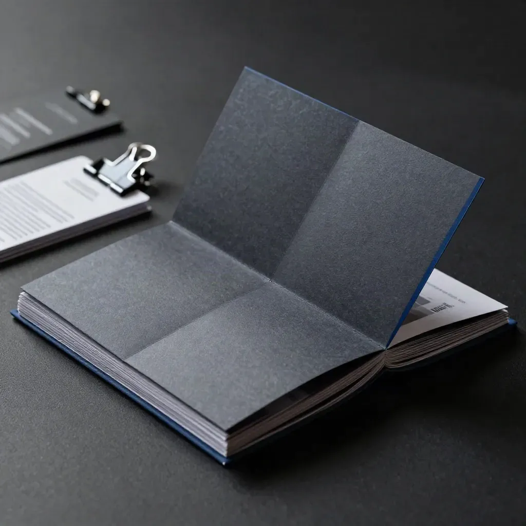 Board piegato con due card e clip su fondo nero, luce drammatica e dettaglio premium.