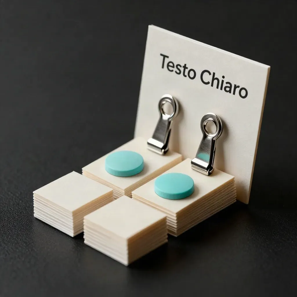 Blocchi carta per microcopy carrello e form, con clip metalliche e accento turchese.
