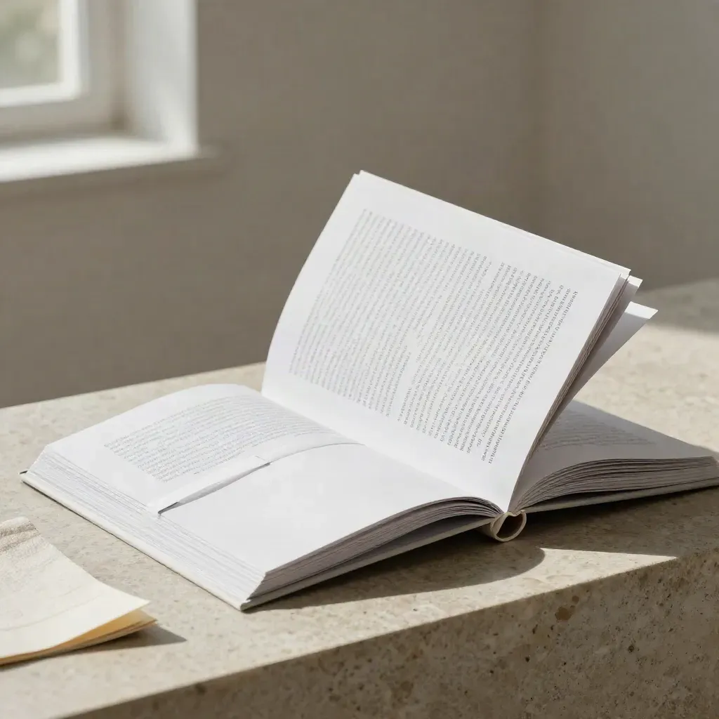 Fascicolo editoriale bianco con booklet aperto su base in pietra chiara.