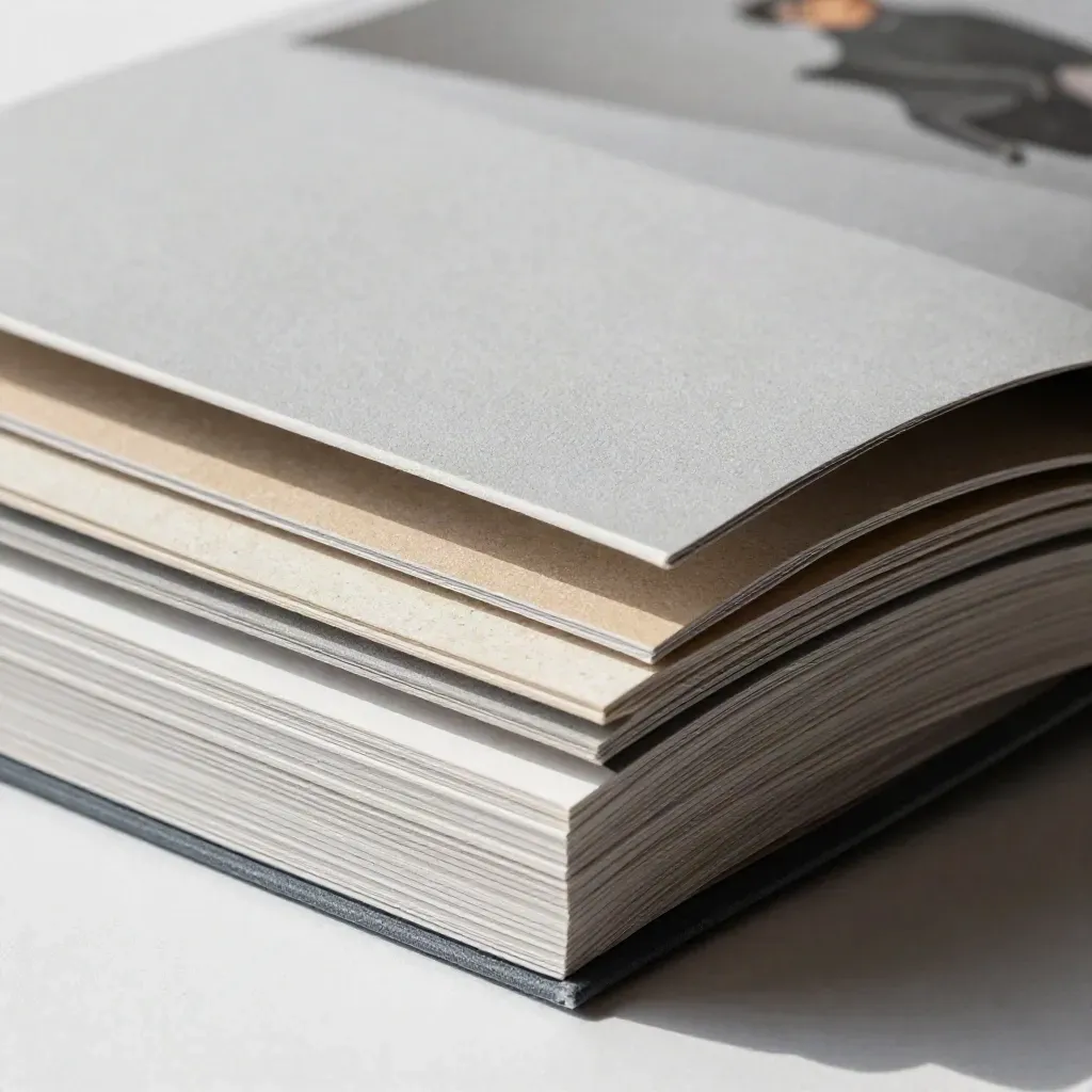Macro della brochure aziendale con copertina rigida, dorso visibile e campioni cartacei.
