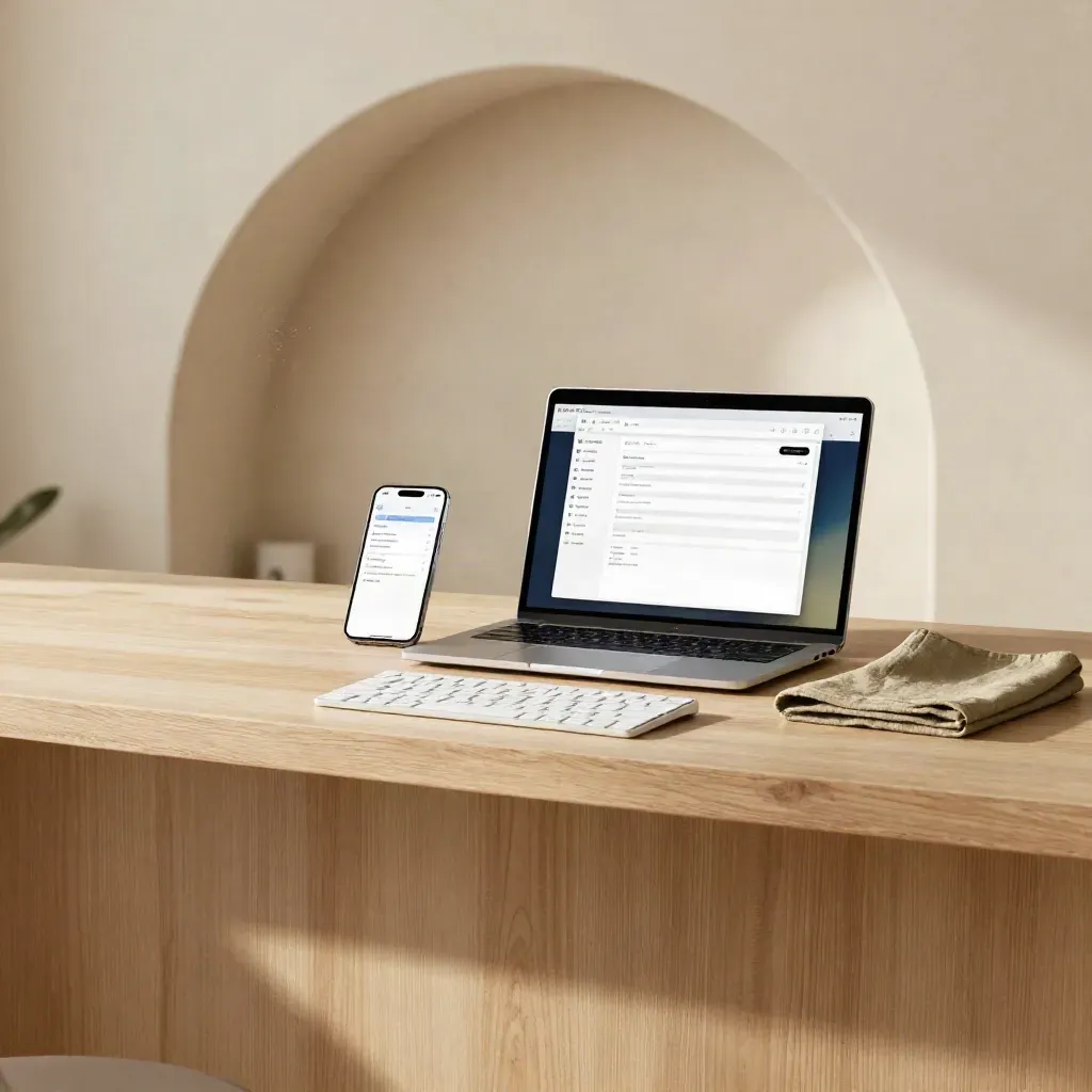 Interno caldo con laptop, smartphone e luce pomeridiana su legno chiaro e arco crema.