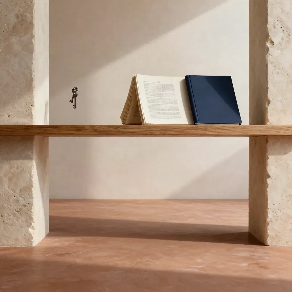Loggia minima in pietra chiara con mensola in legno, fascicoli editoriali e cielo latteo.