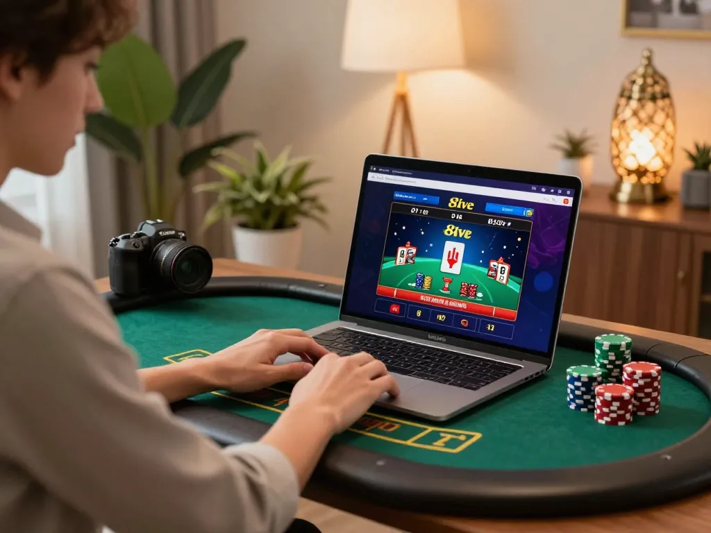 Engaging with 8live's online casino games in a stylish home office setup.