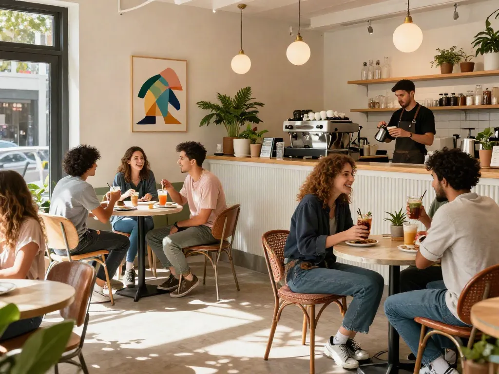 Group enjoying drinks at a trendy café, showcasing rokok88 community vibes.