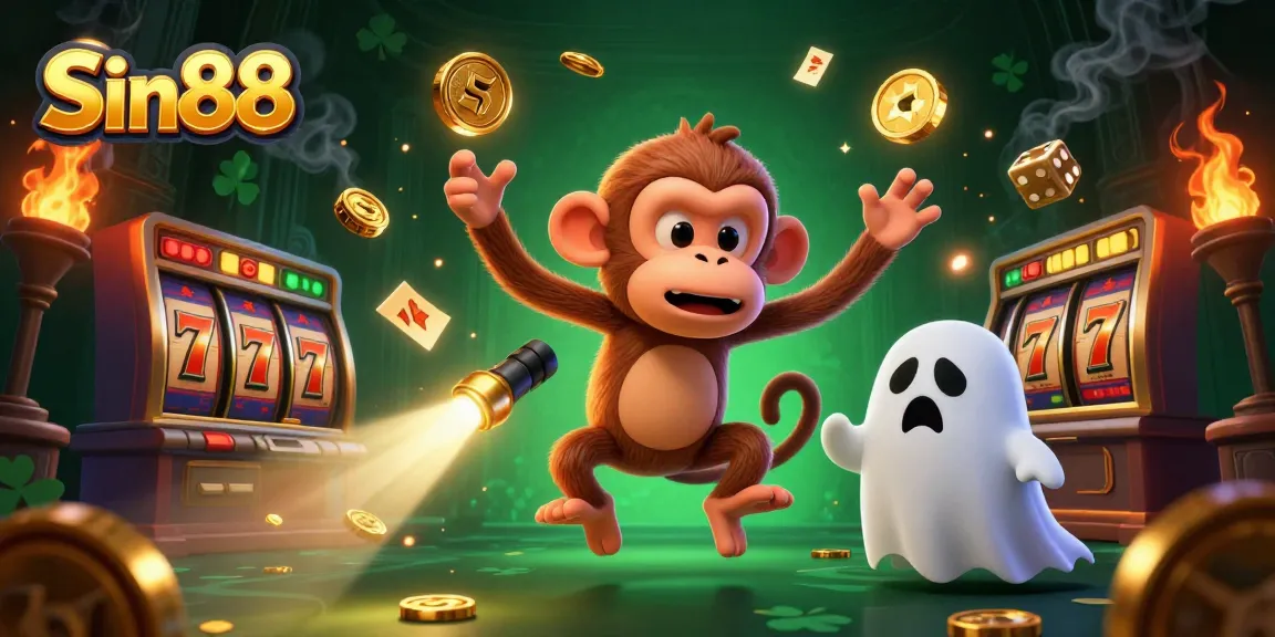 Experience the thrill at Sin88 with vibrant slot machines and golden treasures in a haunted casino scene.