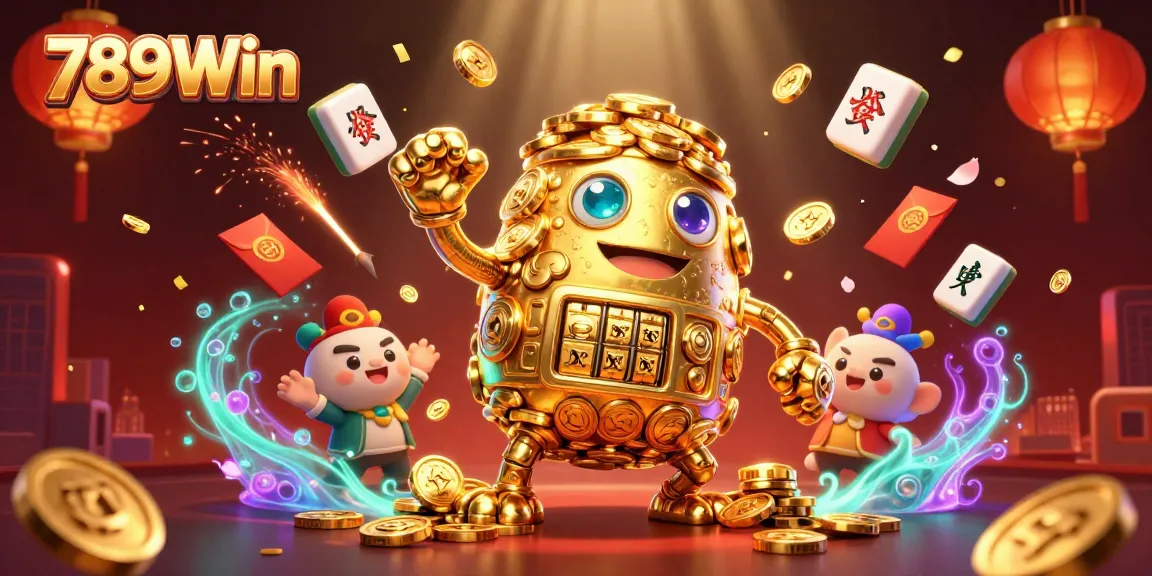 Experience thrilling wins with 789Win's animated golden golem amidst vibrant casino elements.