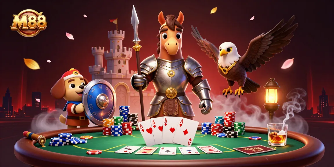 Engage in winning at M 88 casino with a knight, puppy, and falcon amidst poker elements.