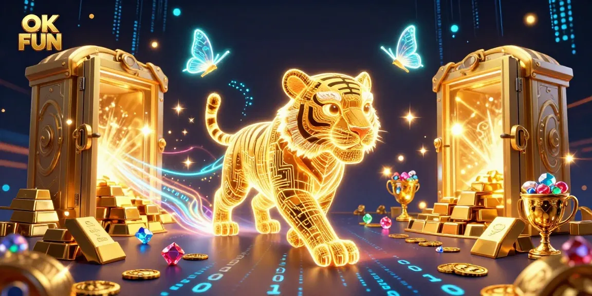 Experience the excitement of OK FUN in a vibrant casino scene featuring a glowing tiger and dazzling treasures.