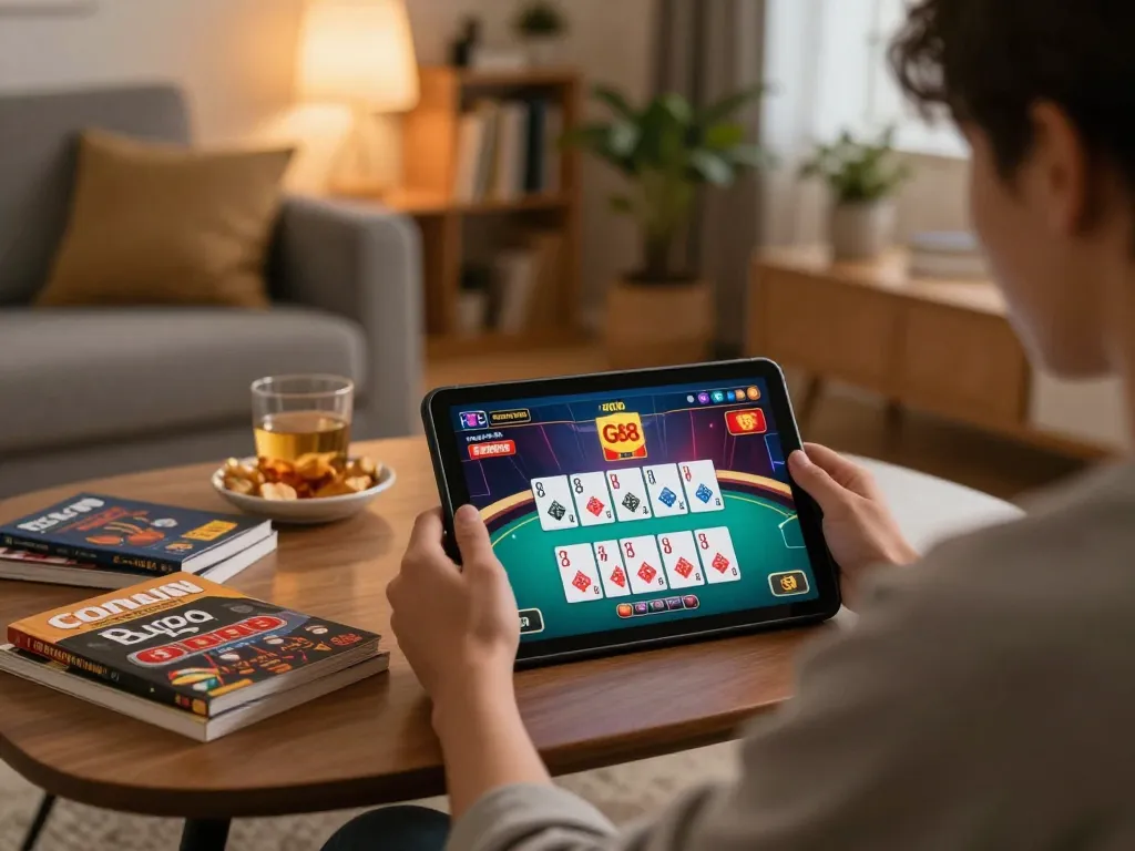 Engage with Go88 online casino games in a cozy home setting featuring gaming strategies and drinks.