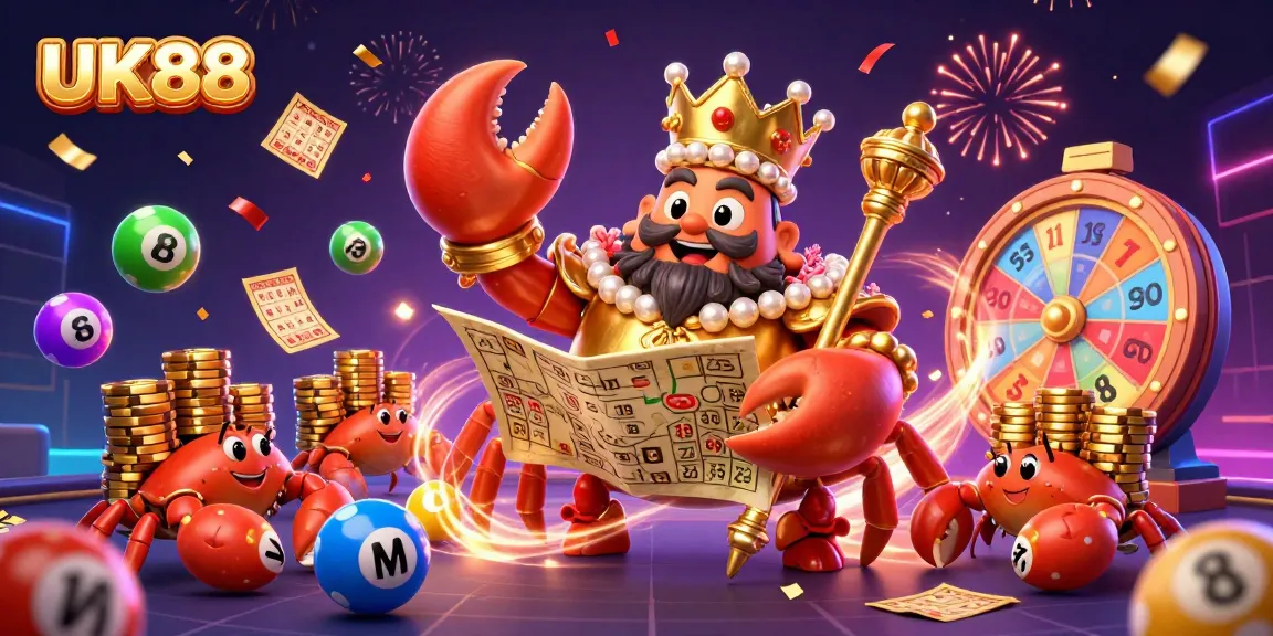 Experience the thrill of UK88 with a golden crab emperor amidst vibrant lottery action and casino excitement.