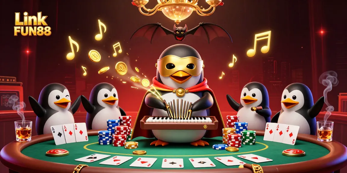Play exciting games with Link FUN88 at a vibrant casino scene featuring a penguin organist and poker elements.