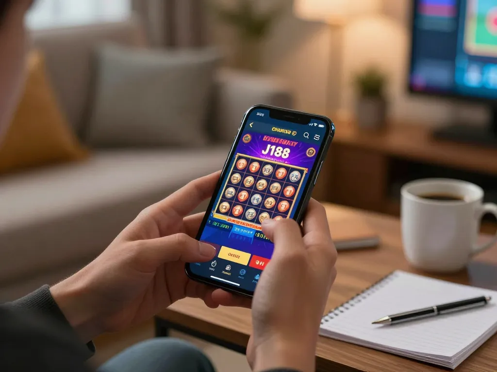 Engaging with the J188 App for online gaming entertainment in a cozy home setting.