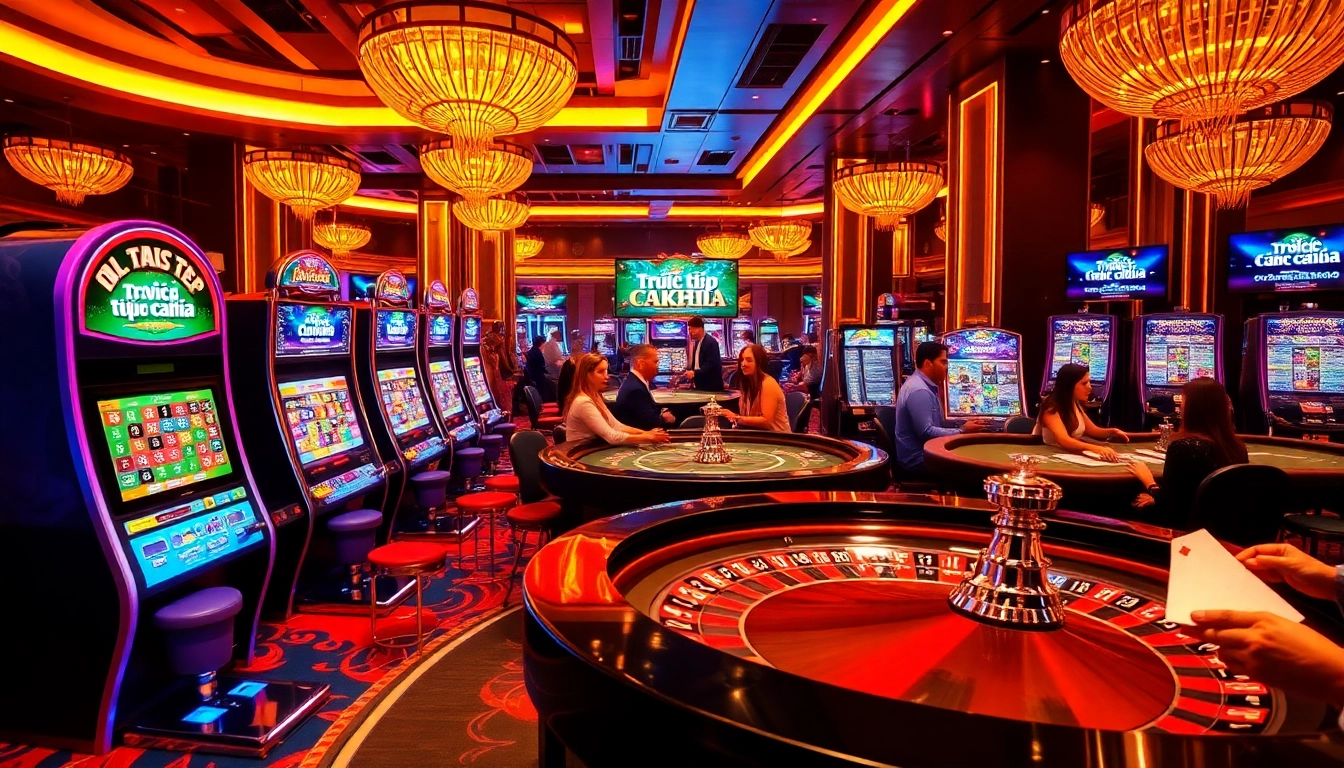 Experience thrilling live betting with trực tiếp cakhia in a luxurious casino atmosphere featuring poker tables and slot machines.