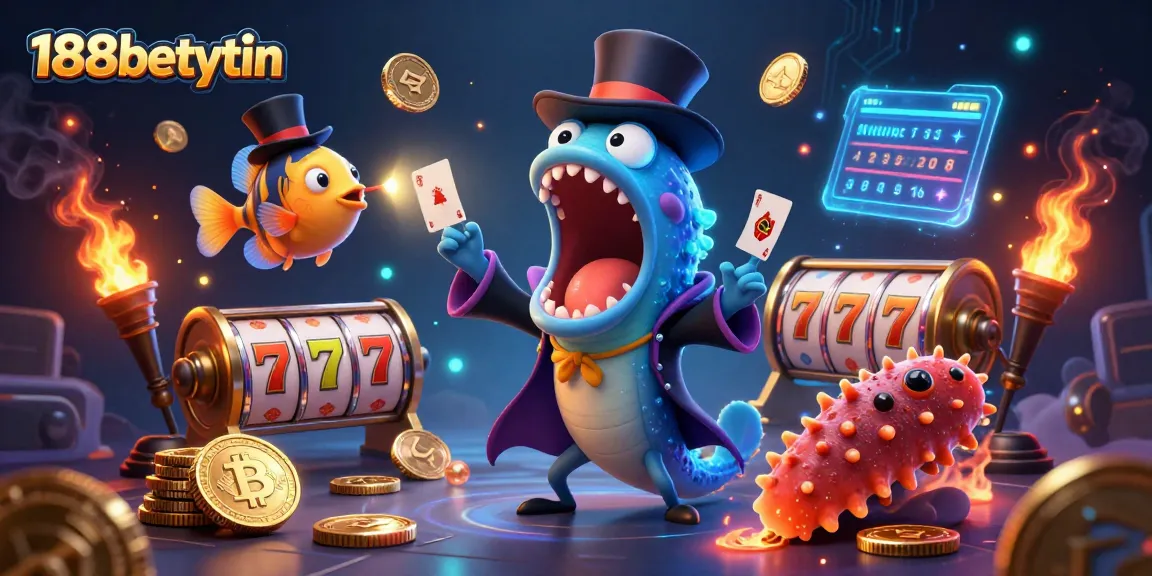 Experience thrilling gaming with 188betuytin as a bioluminescent eel performs card tricks amidst colorful slot games.