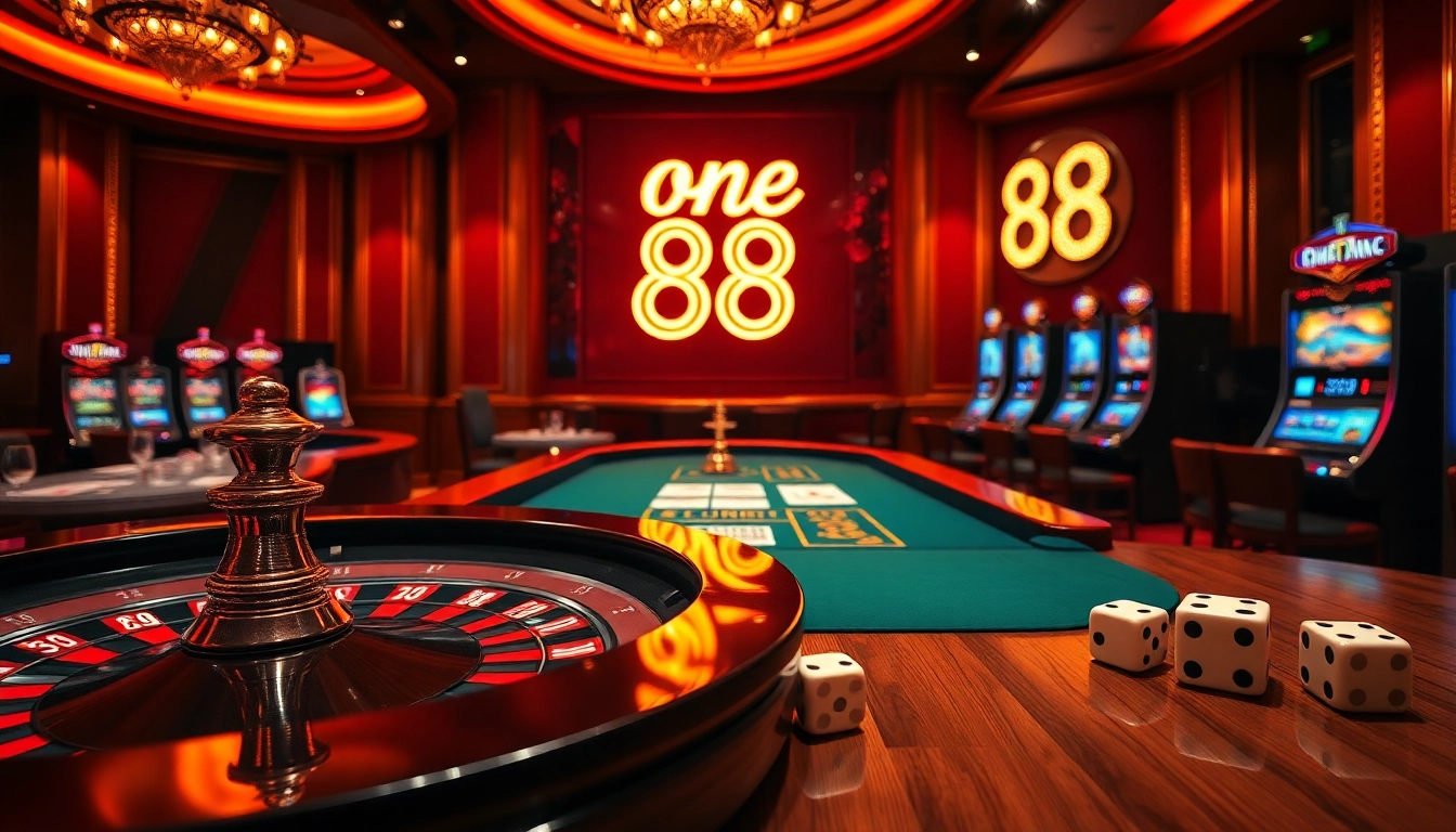 Engage with the electrifying atmosphere of one 88 at a sophisticated casino, featuring a roulette table and poker action.