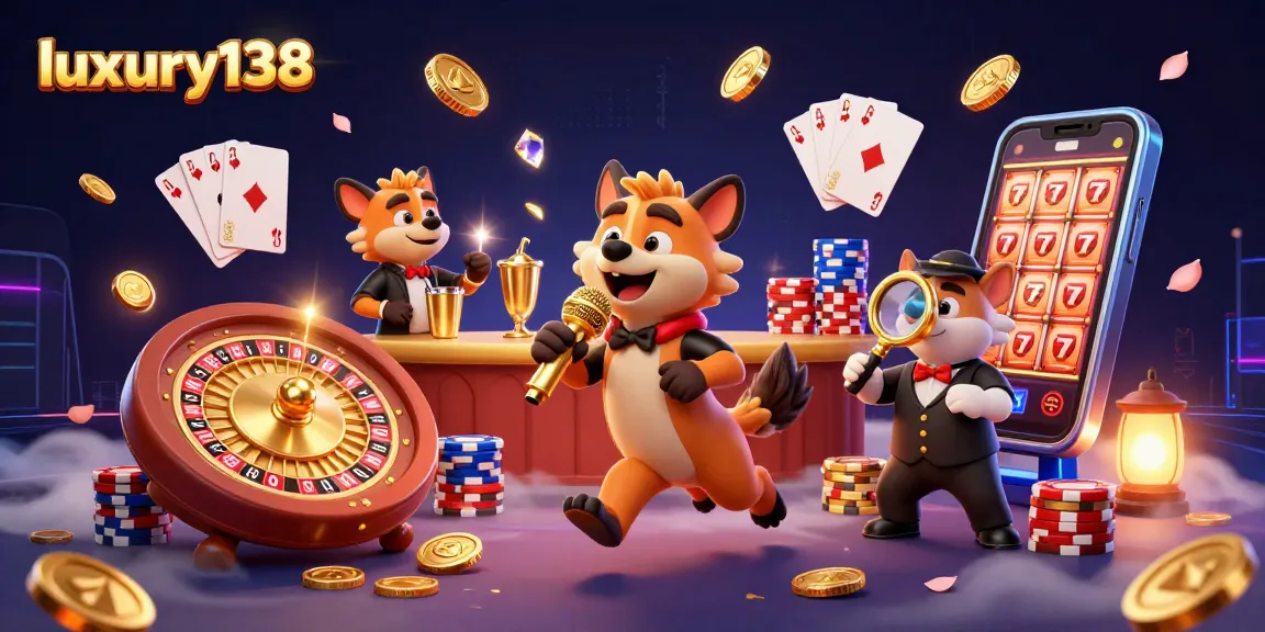 Experience luxury138 at the vibrant comedy casino with hyenas, golden coins, and rich gaming elements.
