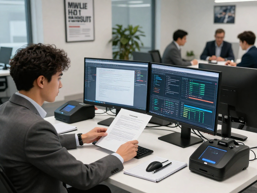 Document fraud detection analysis in a high-tech office environment showcasing cybersecurity measures.